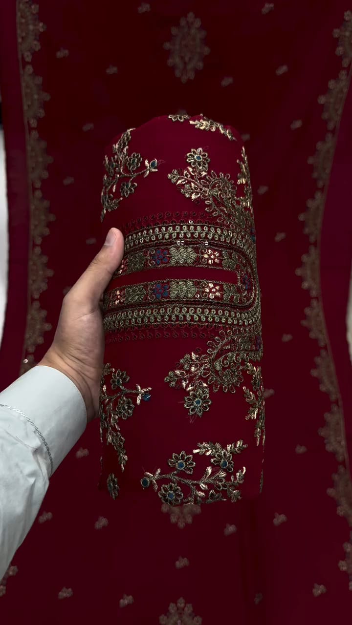 ইন্ডিয়ান শিফন জর্জেট ৪ পিস সেট - Unstitched - Red